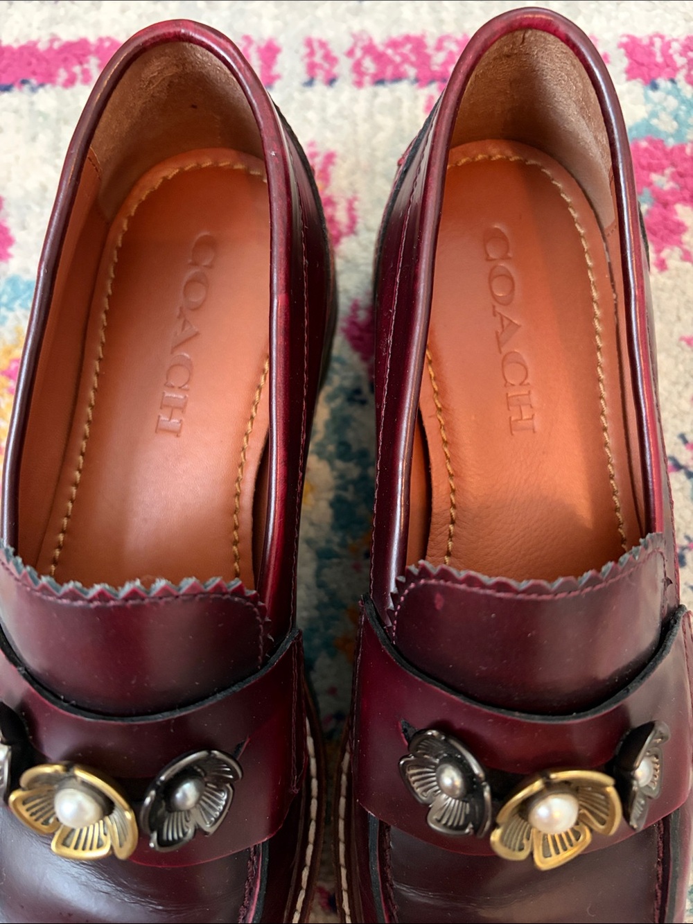 Coach Burgundy Leather Floral-Accent Loafers - Picture 2 of 8